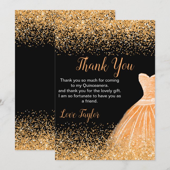 Quinceanera Peach Orange Dress Faux Glitter Thank You Card (Front/Back)