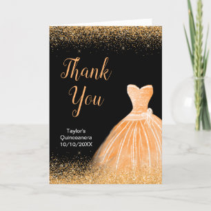 Quinceanera Peach Orange Dress Faux Glitter Thank You Card
