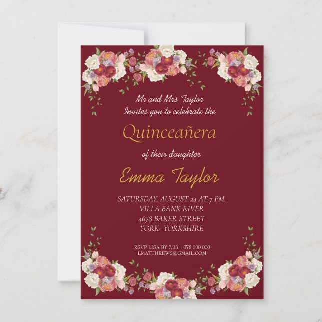 Quinceañera Peony Floral Burgundy Birthday  Invitation (Front)