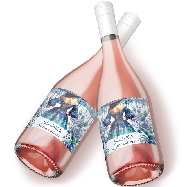Quinceañera Personalised Beautiful Blue Sparkling Wine Label (Creator Uploaded)