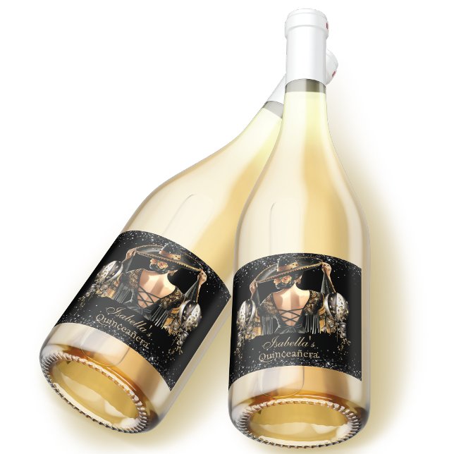 Quinceañera Personalised Luxury Black Gold Sparkling Wine Label (Creator Uploaded)