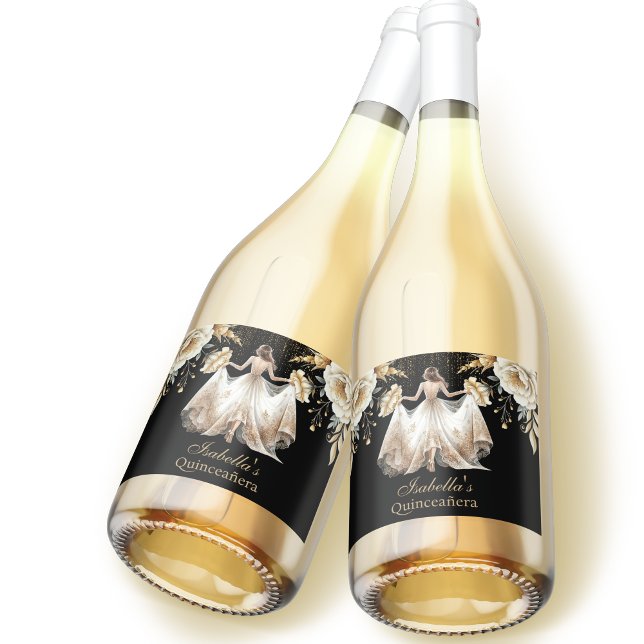 Quinceañera Personalised Luxury Black Ivory Gold Sparkling Wine Label (Creator Uploaded)