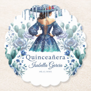 Quinceañera Personalised Watercolor Blue Mexican Paper Coaster