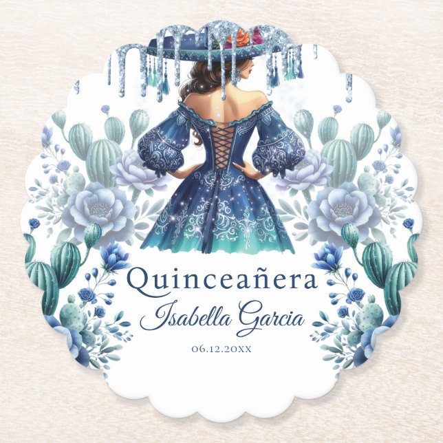 Quinceañera Personalised Watercolor Blue Mexican Paper Coaster (Front)