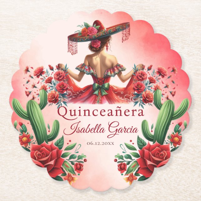 Quinceañera Personalised Watercolor Red Mexican Paper Coaster (Front)