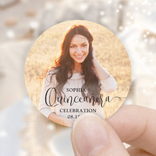 Quinceañera Photo and Modern Trendy Black Script Classic Round Sticker