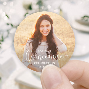 Quinceañera Photo and Modern Trendy White Script Classic Round Sticker