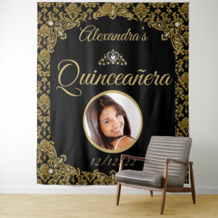 Quinceanera Photo Black Gold Damask Tiara Birthday Tapestry