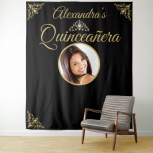 Quinceanera Photo Black Gold Tiara Birthday Party Tapestry