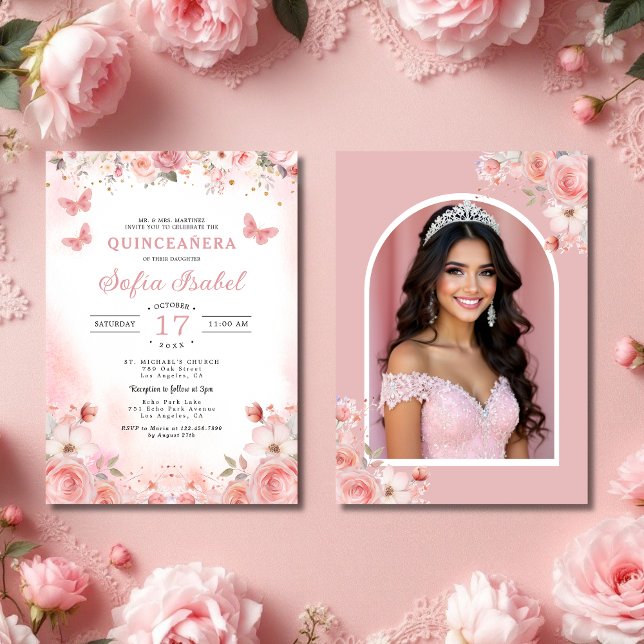 Quinceañera Photo Blush Pink Rose Floral  Invitation (Creator Uploaded)