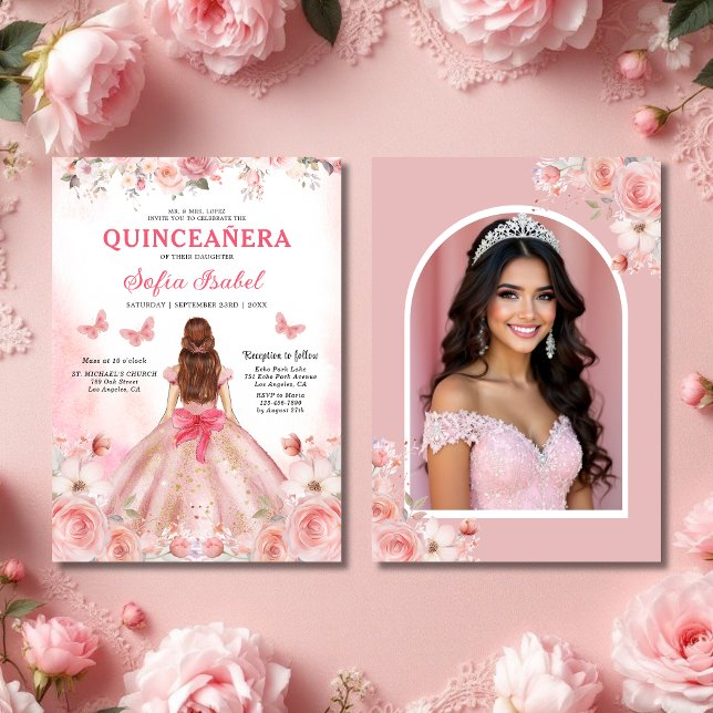 Quinceañera Photo Blush Pink Rose Floral  Invitation (Creator Uploaded)