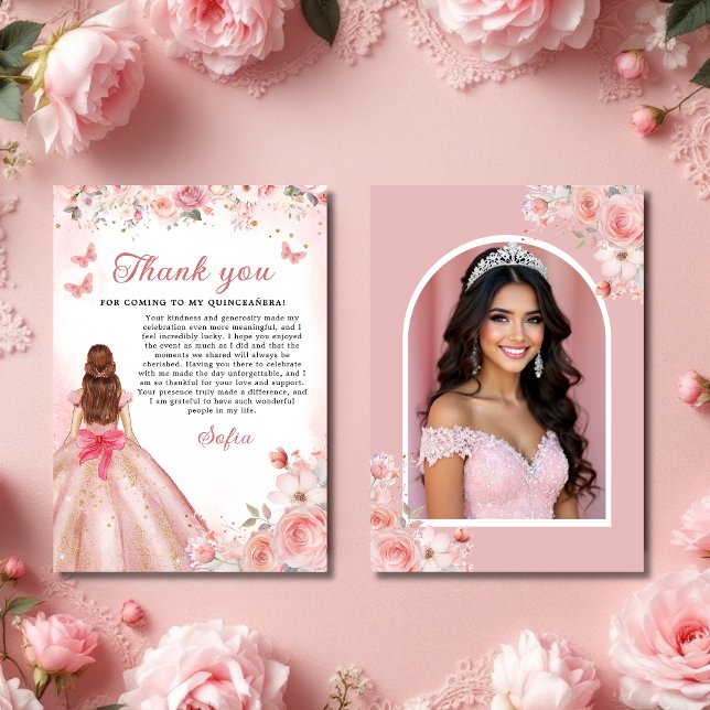 Quinceañera Photo Blush Pink Rose Floral Thank You Card (Creator Uploaded)