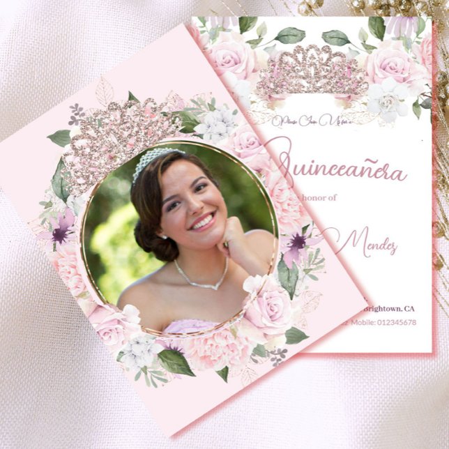 Quinceanera Photo Blush Pink Watercolor Floral  Invitation (Creator Uploaded)