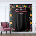 Quinceanera Photo Booth Backdrop Mexican Flowers Tapestry<br><div class="desc">Colourful Quinceanera Party photo booth backdrop, personalised with your name and celebration date. This large black wall hanging is a great size for your photo backdrop, where you can take keepsake snaps of yourself and your guests. The Mexican Fiesta flowers make a lovely floral frame for your photo background. This...</div>