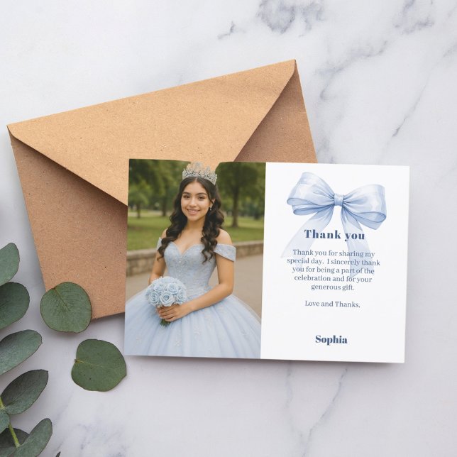 Quinceanera photo bow blue white thank you card (Creator Uploaded)