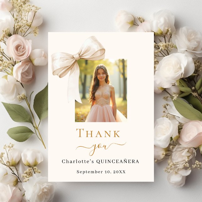 Quinceanera photo bow cream thank you card (Creator Uploaded)