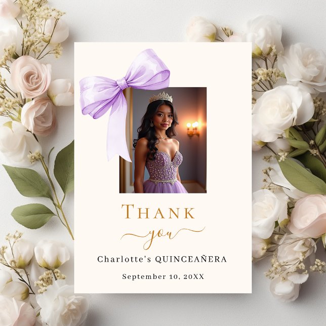 Quinceanera photo bow lavender cream thank you card (Creator Uploaded)
