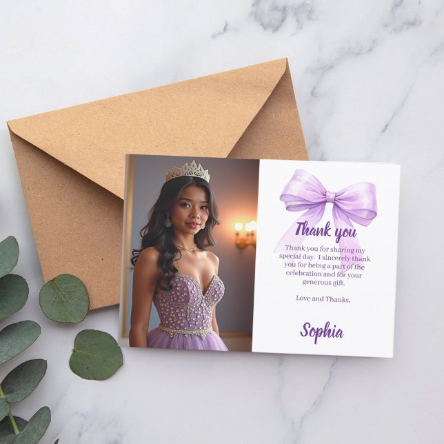 Quinceanera photo bow purple script thank you card (Creator Uploaded)