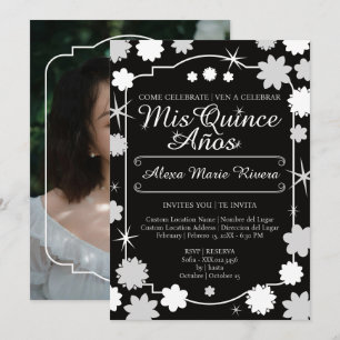 Quinceanera Photo Floral Gold Silver Rose Glam Invitation