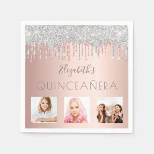 Quinceanera photo glitter pink silver rose gold napkin