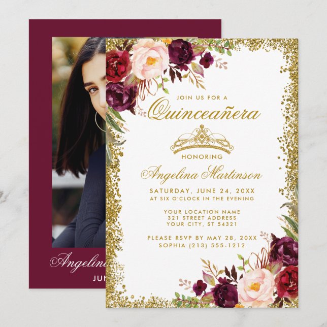Quinceanera Photo Gold Burgundy Floral Crown Invitation (Front/Back)