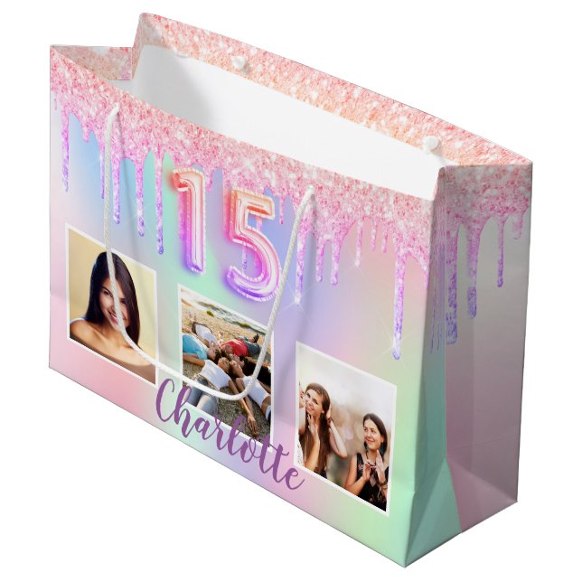 Quinceanera photo holographic pink large gift bag (Front Angled)