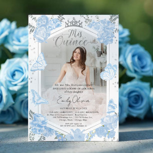 Quinceanera Photo Invitation Dusty Blue Butterfly