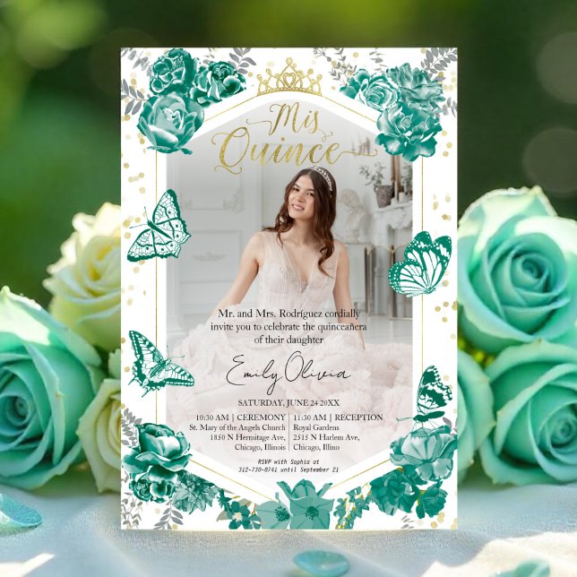 Quinceanera Photo Invitation Emerald Green Floral (Creator Uploaded)