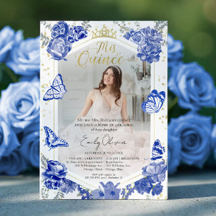 Quinceanera Photo Invitation Royal Blue Floral Gol