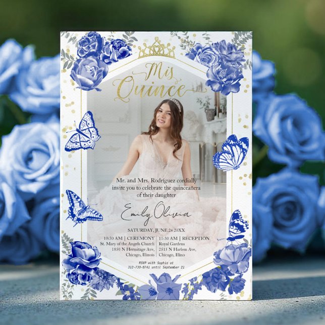 Quinceanera Photo Invitation Royal Blue Floral Gol (Creator Uploaded)