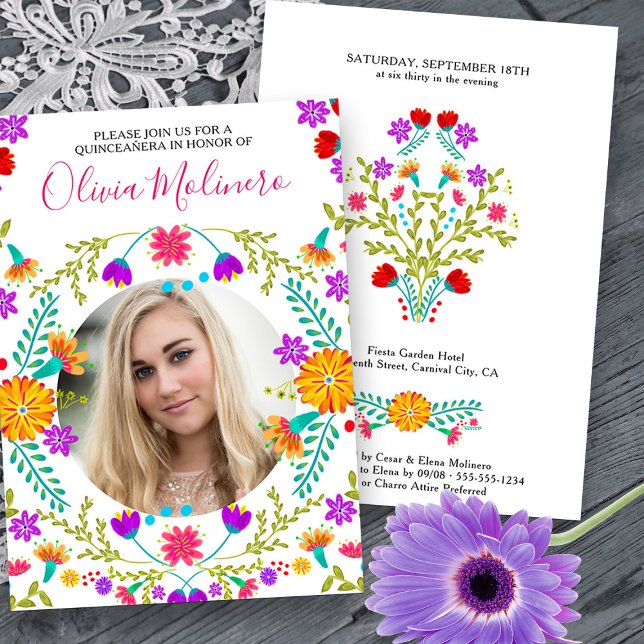 Quinceanera Photo Mexican Fiesta Floral White Invitation (Quinceanera Photo Invitation from Mexican Fiesta Flowers Quinceanera Collection -printed or digital)