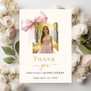 Quinceanera photo pink bow cream thank you card