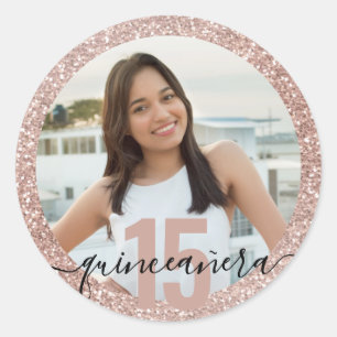 Quinceanera Photo Pink Glitter 15th Birthday Classic Round Sticker