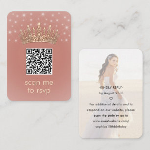 Quinceañera Photo QR RSVP Rose Gold Crown Scan Me Enclosure Card