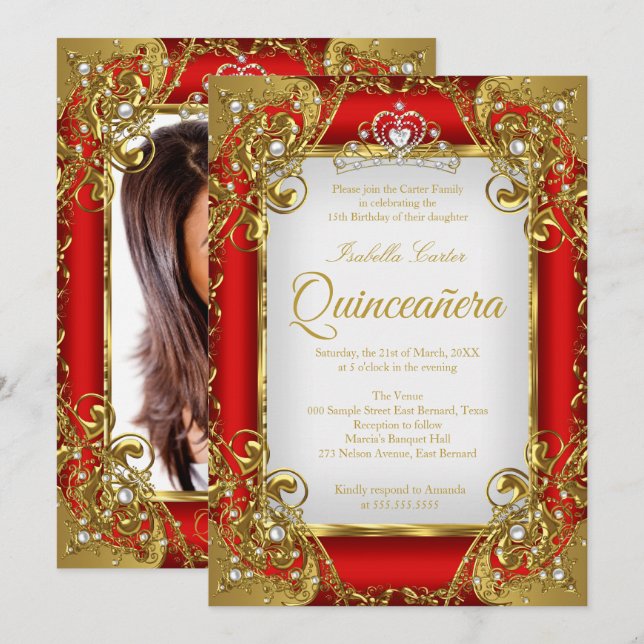 Quinceanera Photo Red Golden Pearl Tiara Party Invitation (Front/Back)