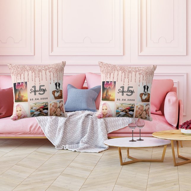 Quinceanera photo rose gold glitter blush pink cushion (Creator Uploaded)