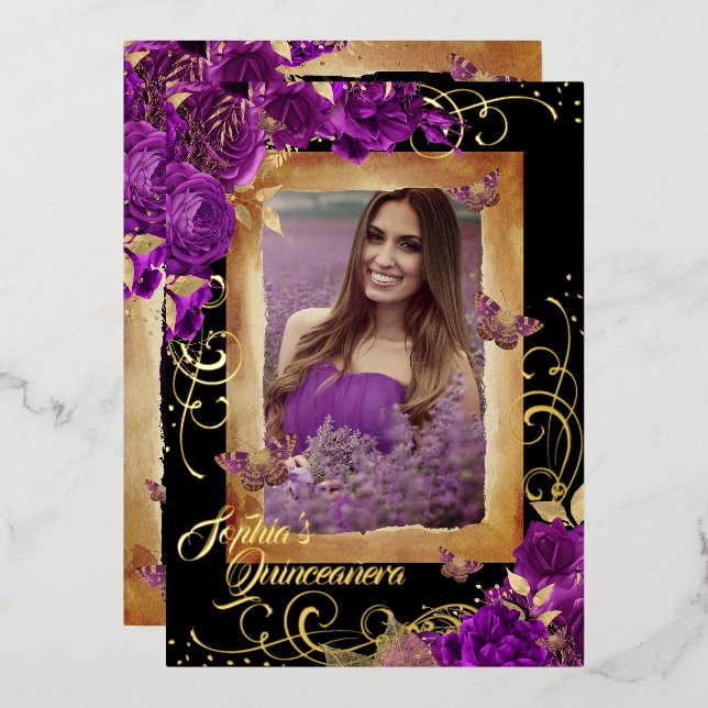 Quinceanera Photo Rose Purple Gold Butterfly (Front/Back)