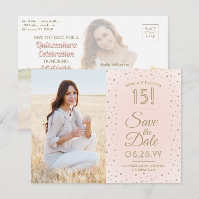 Quinceañera Photo Save the Date Pink Gold Glitter Invitation Postcard (Front/Back)