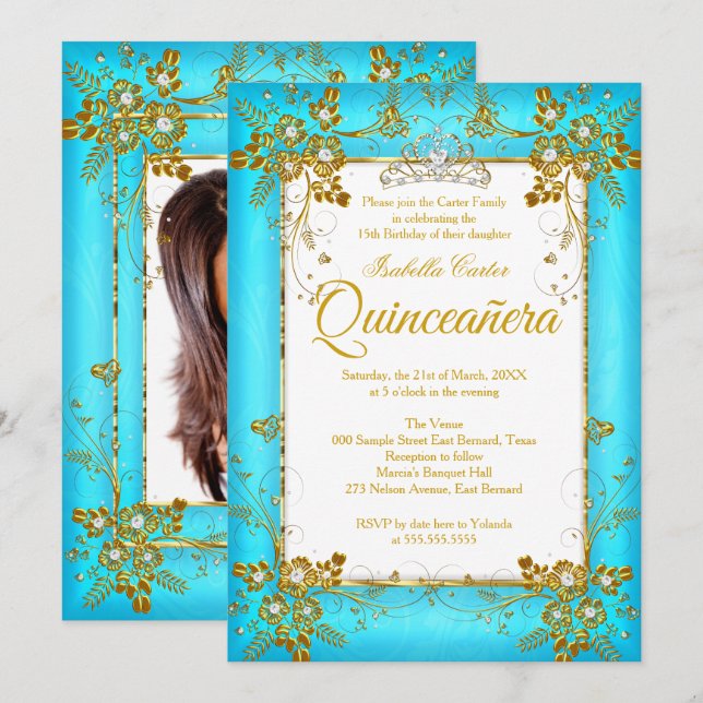 Quinceanera Photo Teal Blue Gold Diamond Tiara Invitation (Front/Back)