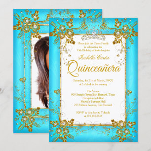 Quinceanera Photo Teal Blue Gold Diamond Tiara Invitation