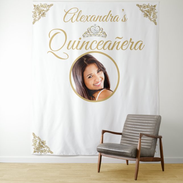 Quinceanera Photo White Gold Tiara Birthday Party Tapestry (In Situ)