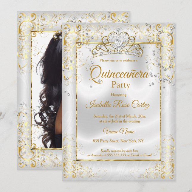 Quinceanera photo White Gold Tiara Diamond Heart Invitation (Front/Back)