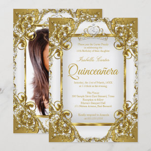Quinceanera Photo White Golden Pearl Tiara Party Invitation