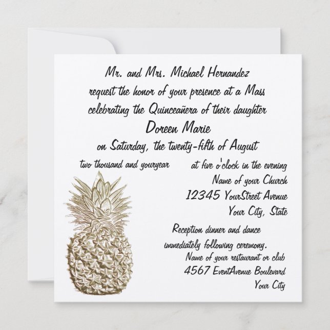 Quinceanera Pineapple Gold Metallic Invitation (Front)