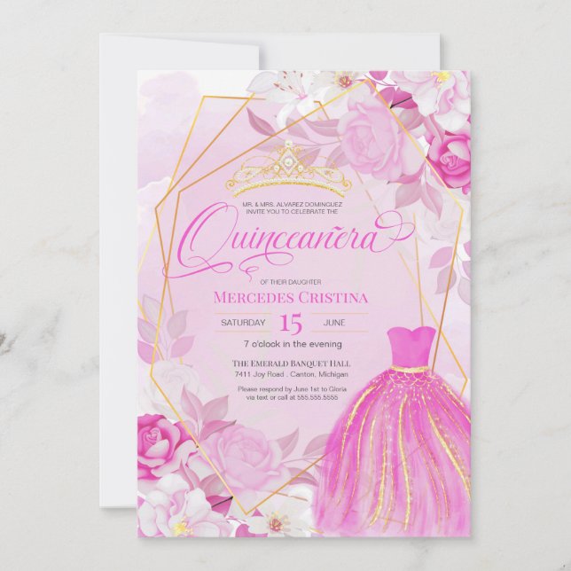 Quinceañera Pink and Gold elegant fancy Tiara Invitation (Front)