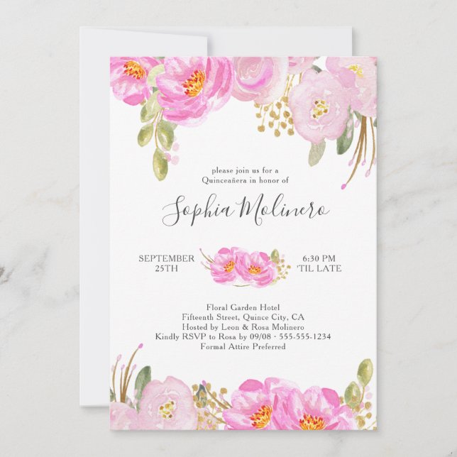 Quinceanera Pink and Gold Watercolor Floral Invitation (Front)