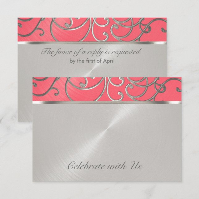 Quinceanera Pink and Silver Filigree Swirls Invitation (Front/Back)