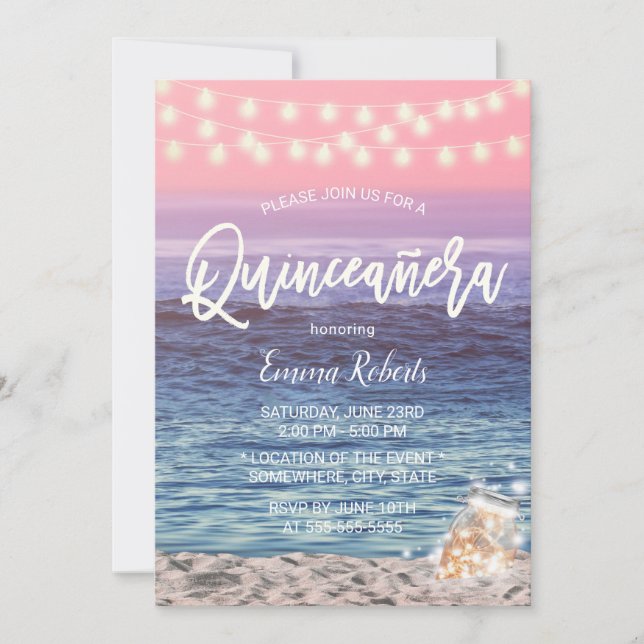 Quinceanera Pink Beach Mason Jar String Light Invitation (Front)