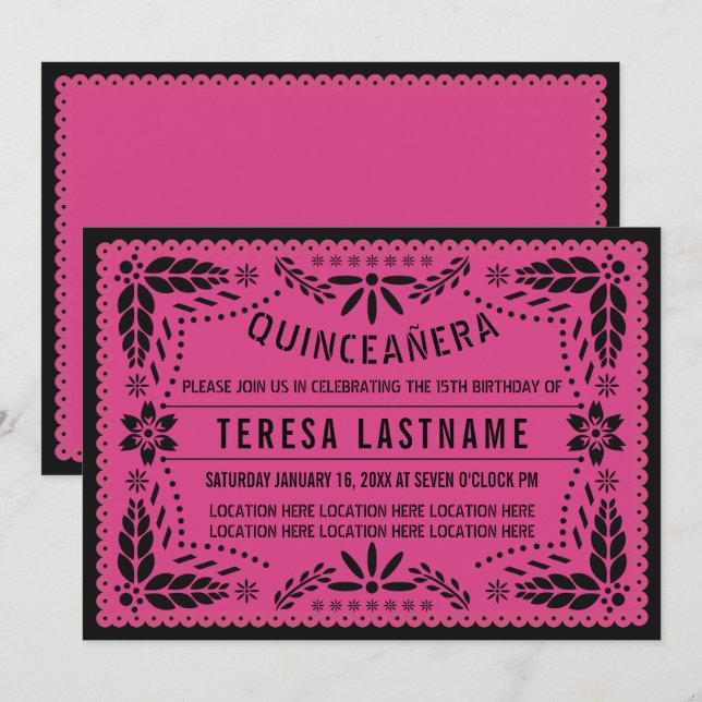 Quinceañera pink black papel picado invitation (Front/Back)