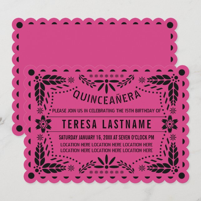 Quinceañera pink black papel picado invitation (Front/Back)